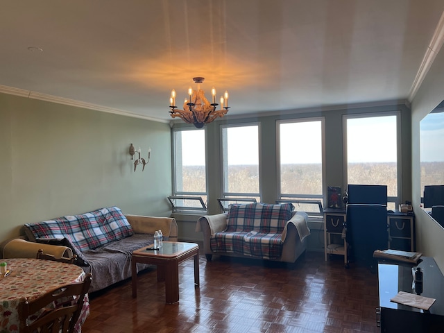 living room featuring ornamental molding and an inviting chandelier