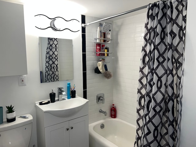 full bath with vanity, toilet, and shower / bathtub combination with curtain