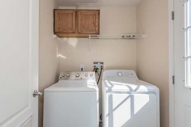 laundry area with independent washer and dryer and cabinet space