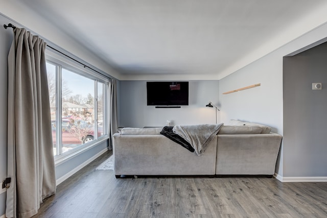 living area with baseboards and wood finished floors