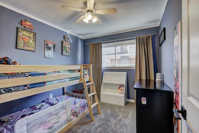 bedroom with carpet, baseboards, and ceiling fan