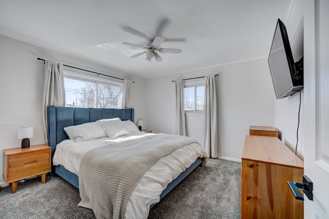 bedroom featuring carpet flooring, a ceiling fan, and baseboards