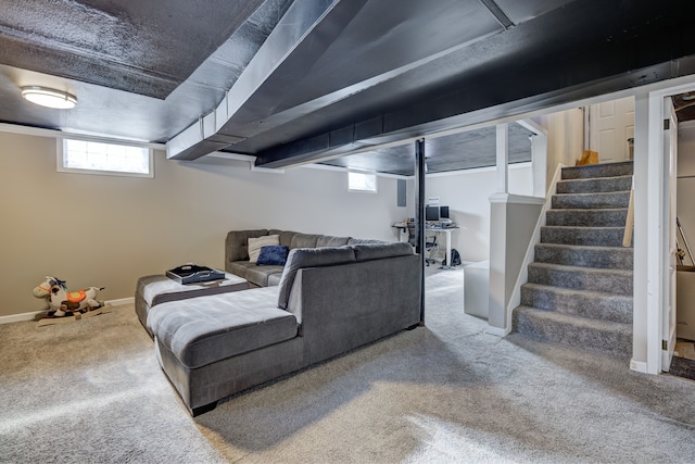 living area featuring stairs, carpet floors, and baseboards