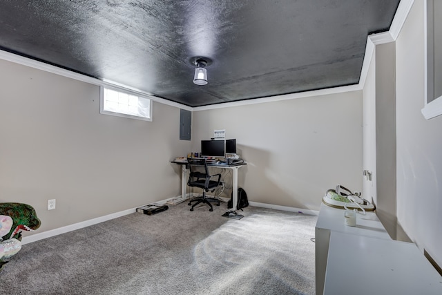 office area with carpet floors, ornamental molding, a textured ceiling, and baseboards