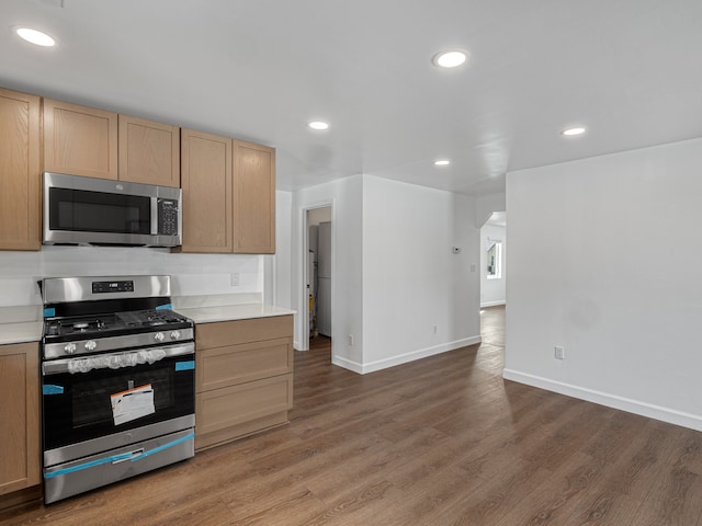 kitchen featuring light brown cabinets, recessed lighting, wood finished floors, light countertops, and appliances with stainless steel finishes