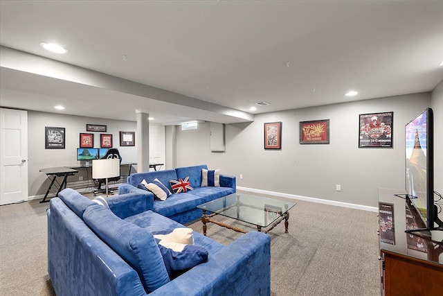 living room with recessed lighting, carpet flooring, visible vents, and baseboards