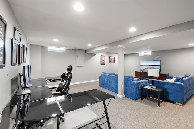 office space with baseboards, recessed lighting, and light colored carpet