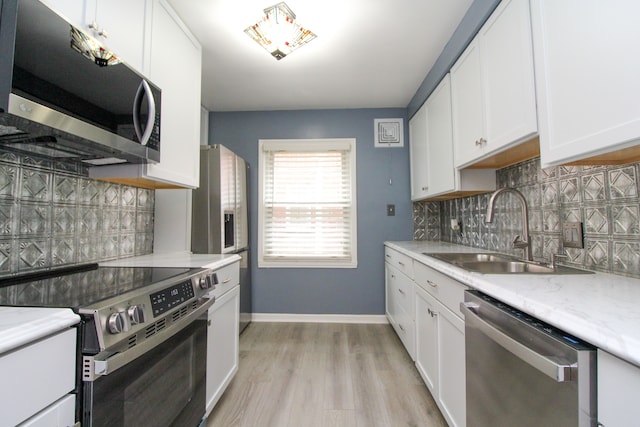 kitchen featuring appliances with stainless steel finishes, white cabinets, a sink, and backsplash