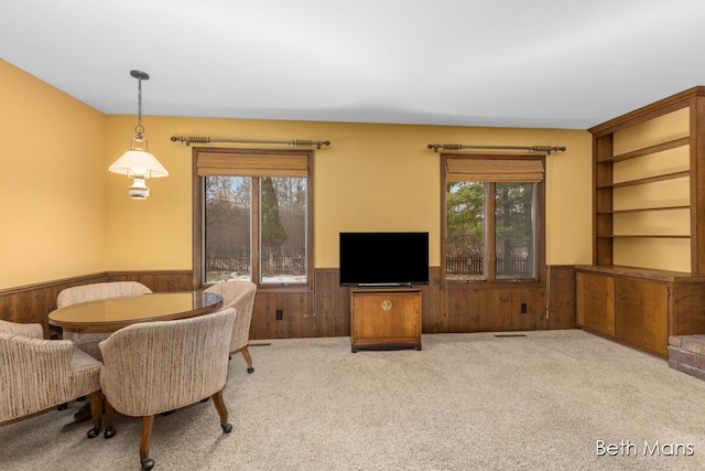 carpeted dining room featuring a wealth of natural light, a wainscoted wall, and wood walls