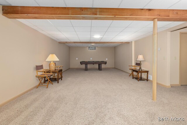 rec room featuring pool table, baseboards, carpet flooring, and a drop ceiling