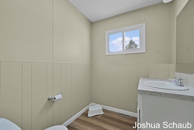 bathroom featuring baseboards, visible vents, wood finished floors, a textured ceiling, and vanity