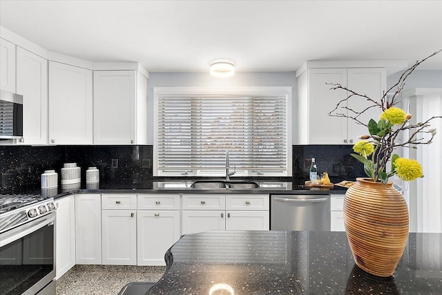 kitchen featuring decorative backsplash, white cabinetry, stainless steel appliances, and a sink