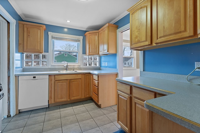 kitchen featuring light tile patterned floors, decorative backsplash, dishwasher, crown molding, and a sink