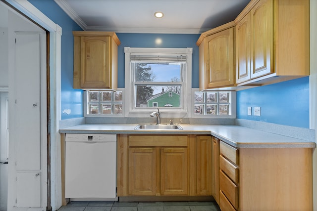 kitchen featuring a sink, light countertops, dishwasher, light brown cabinetry, and crown molding