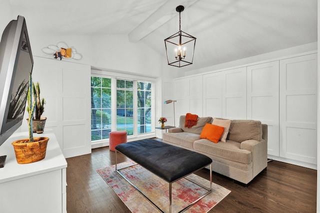 living room featuring vaulted ceiling with beams, dark wood-style flooring, a notable chandelier, and a decorative wall