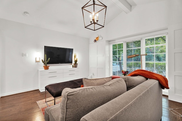 living area featuring lofted ceiling with beams, dark wood-type flooring, a chandelier, and baseboards