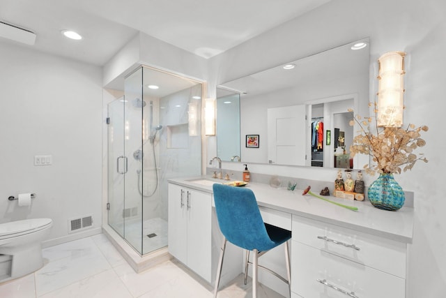 full bathroom with marble finish floor, visible vents, toilet, a shower stall, and vanity