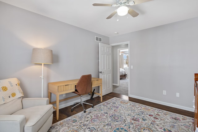 office space with visible vents, ceiling fan, baseboards, and wood finished floors