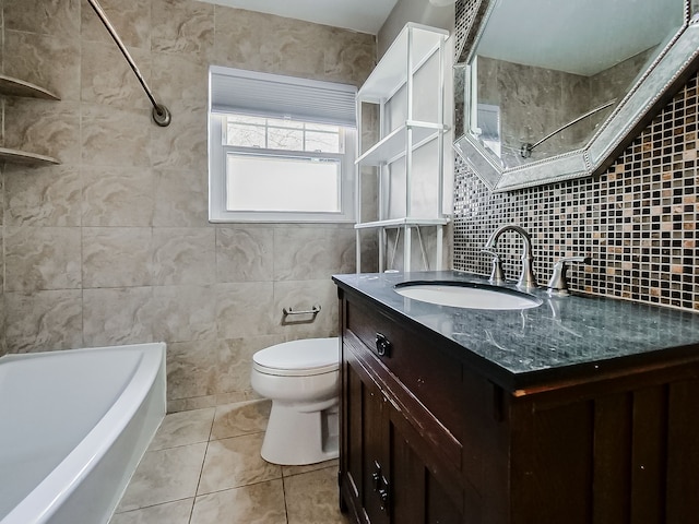 bathroom featuring toilet, tile patterned floors, a washtub, walk in shower, and tile walls