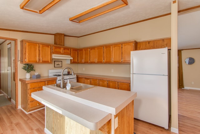 kitchen featuring white appliances, light wood-style flooring, light countertops, and crown molding