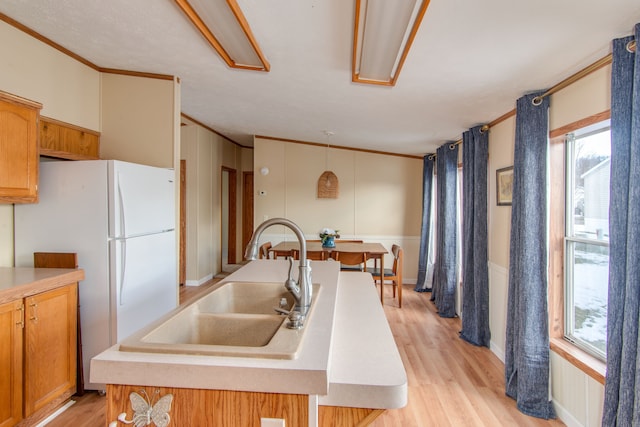 kitchen with light wood-style floors, a sink, an island with sink, and ornamental molding