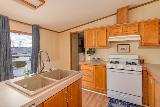 kitchen with lofted ceiling, under cabinet range hood, a sink, white range with gas cooktop, and crown molding