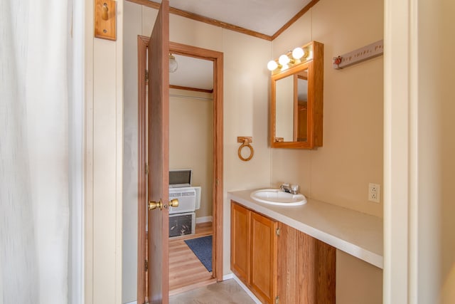 bathroom featuring ornamental molding, vanity, and wood finished floors