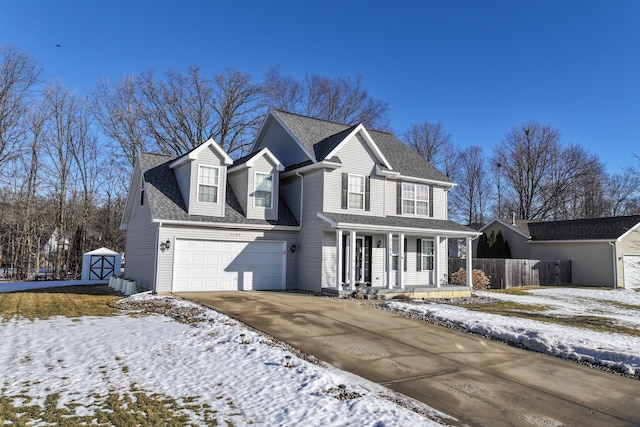 traditional home with a shingled roof, covered porch, fence, a garage, and driveway