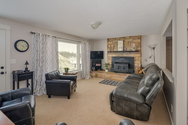 7214 S M 66, Mancelona, MI 49659 - living room with carpet flooring, baseboards, a fireplace, and a textured ceiling