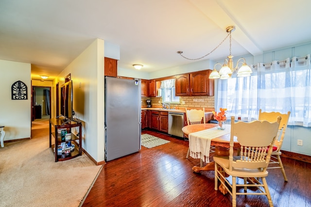 dining room featuring dark wood-style floors, baseboards, a notable chandelier, and beamed ceiling