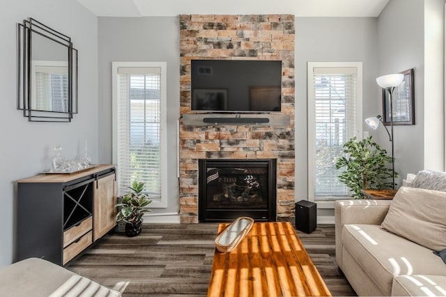 living area with a stone fireplace and wood finished floors