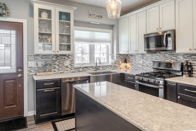 kitchen featuring a sink, decorative backsplash, stainless steel appliances, white cabinets, and glass insert cabinets