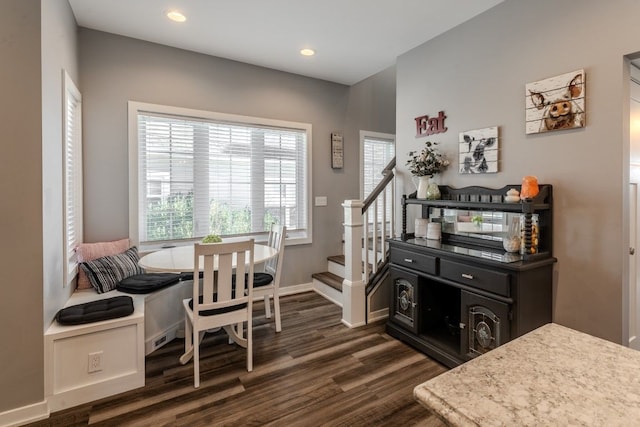 office area with recessed lighting, baseboards, and dark wood-type flooring