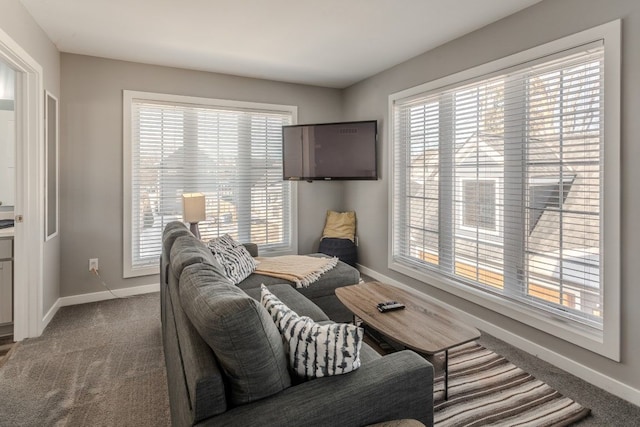 carpeted living area featuring plenty of natural light and baseboards