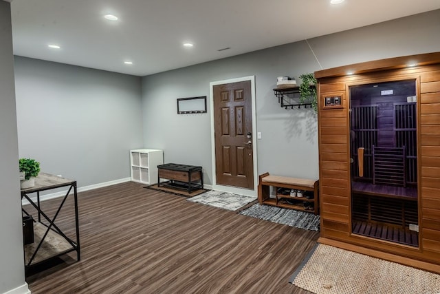 foyer with visible vents, a sauna, recessed lighting, baseboards, and dark wood-style flooring