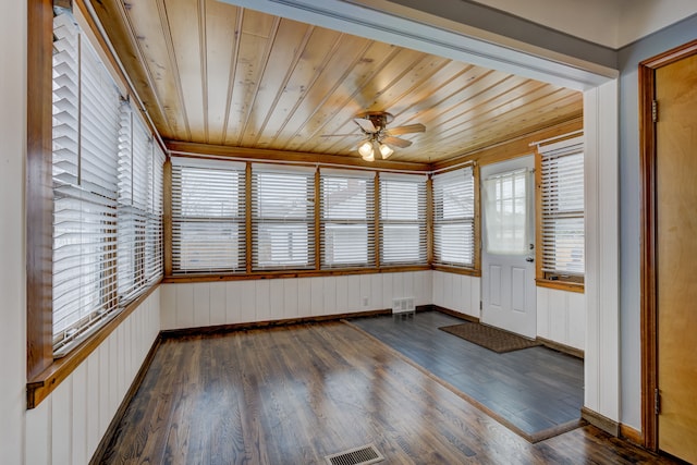 unfurnished sunroom featuring a ceiling fan and visible vents