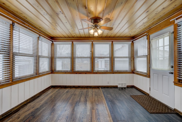 unfurnished sunroom featuring visible vents and ceiling fan