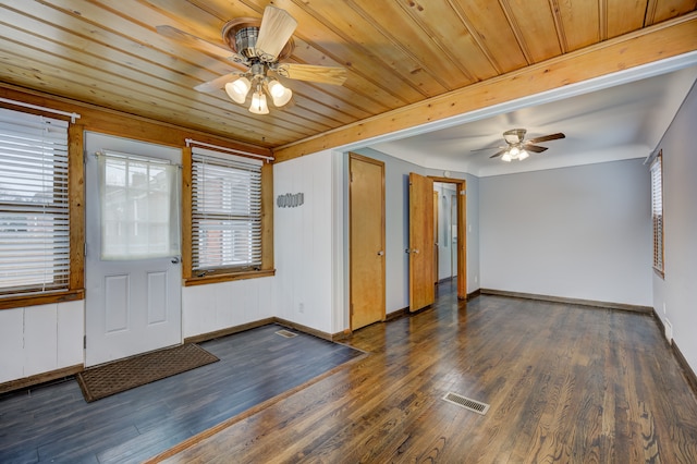 foyer with ceiling fan, wood ceiling, visible vents, baseboards, and dark wood-style floors