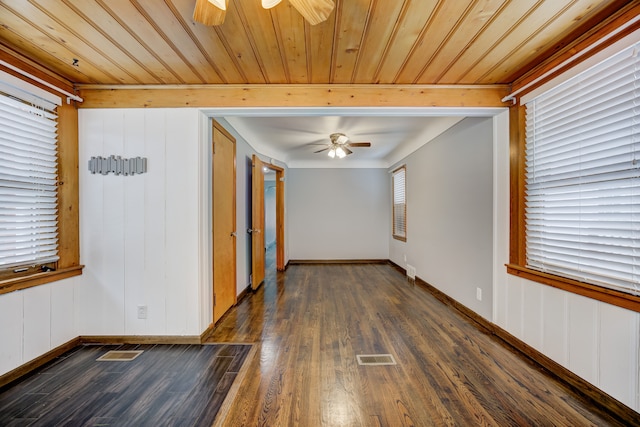 unfurnished room with ceiling fan, dark wood-type flooring, wooden ceiling, and visible vents