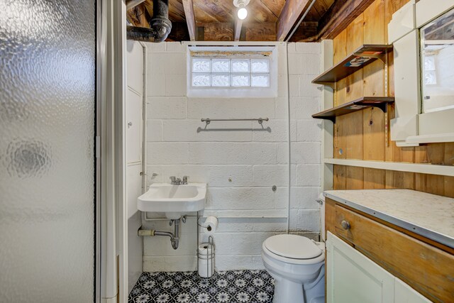 bathroom featuring a sink, toilet, and concrete block wall