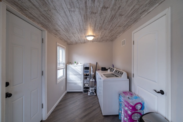 laundry area featuring visible vents, dark wood finished floors, separate washer and dryer, wooden ceiling, and laundry area