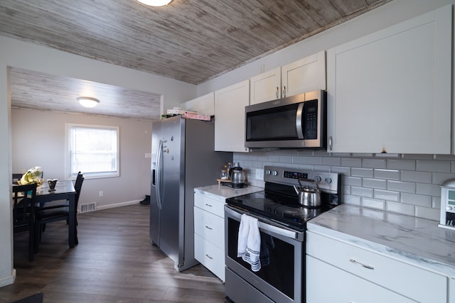 kitchen featuring dark wood-type flooring, wood ceiling, decorative backsplash, appliances with stainless steel finishes, and white cabinets