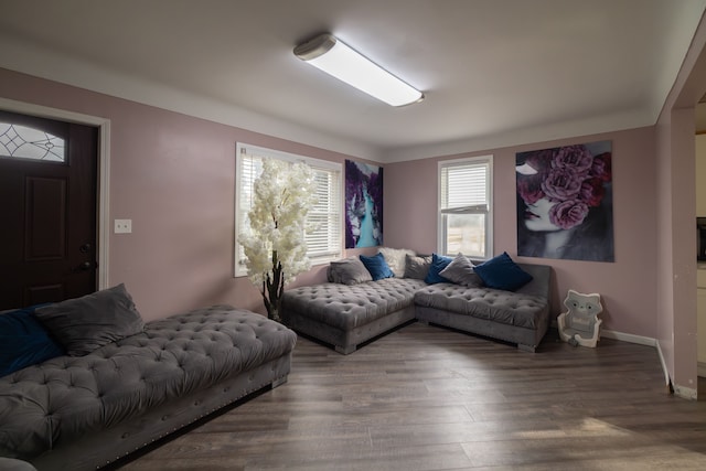 living area featuring baseboards and wood finished floors