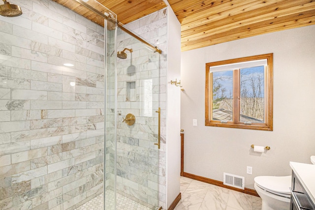 bathroom featuring marble finish floor, wood ceiling, visible vents, and baseboards