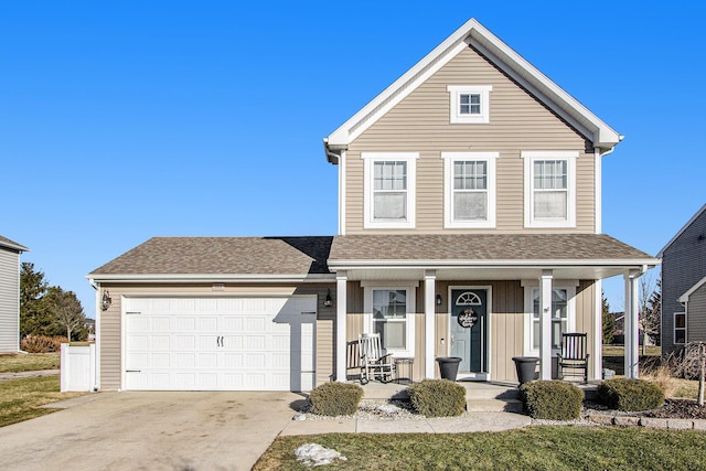 traditional-style home with a garage, a shingled roof, concrete driveway, covered porch, and board and batten siding