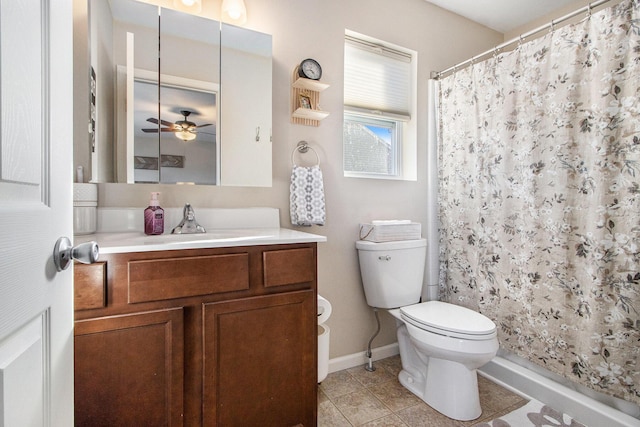 full bathroom featuring a shower with shower curtain, toilet, ceiling fan, vanity, and tile patterned flooring