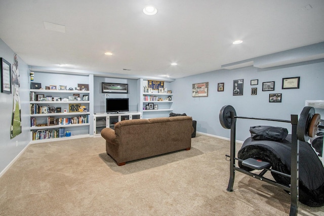 living area featuring baseboards, carpet floors, and recessed lighting