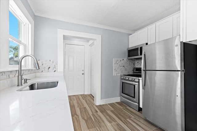 kitchen featuring stainless steel appliances, wood finish floors, a sink, white cabinetry, and backsplash