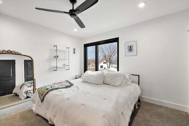 bedroom with carpet, baseboards, a ceiling fan, and recessed lighting