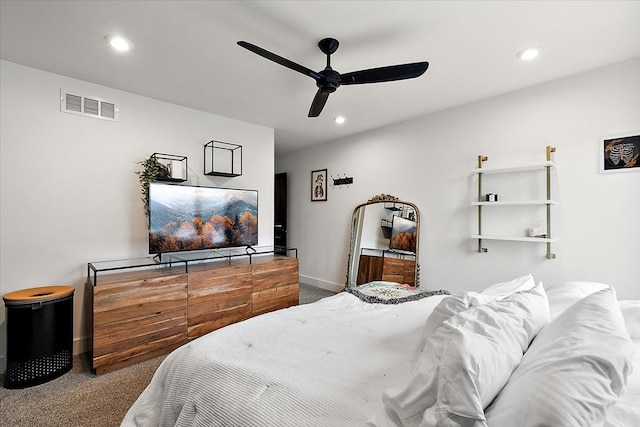 carpeted bedroom with recessed lighting, visible vents, ceiling fan, and baseboards